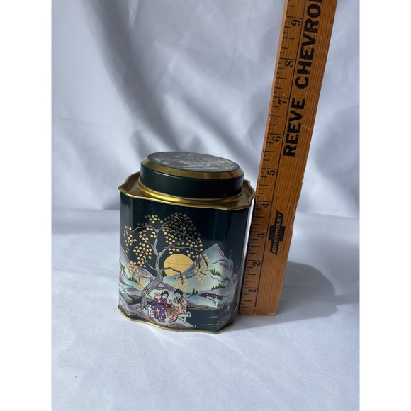 Vintage Chinoiserie Metal Tea Tin Green Gold Pagoda Landscape Storage Canister - Picture 8 of 8